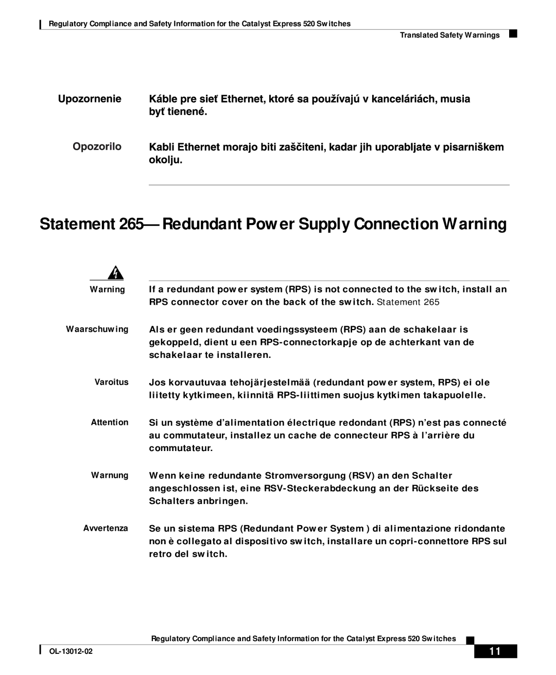 Cisco Systems 520 important safety instructions Statement 265-Redundant Power Supply Connection Warning 