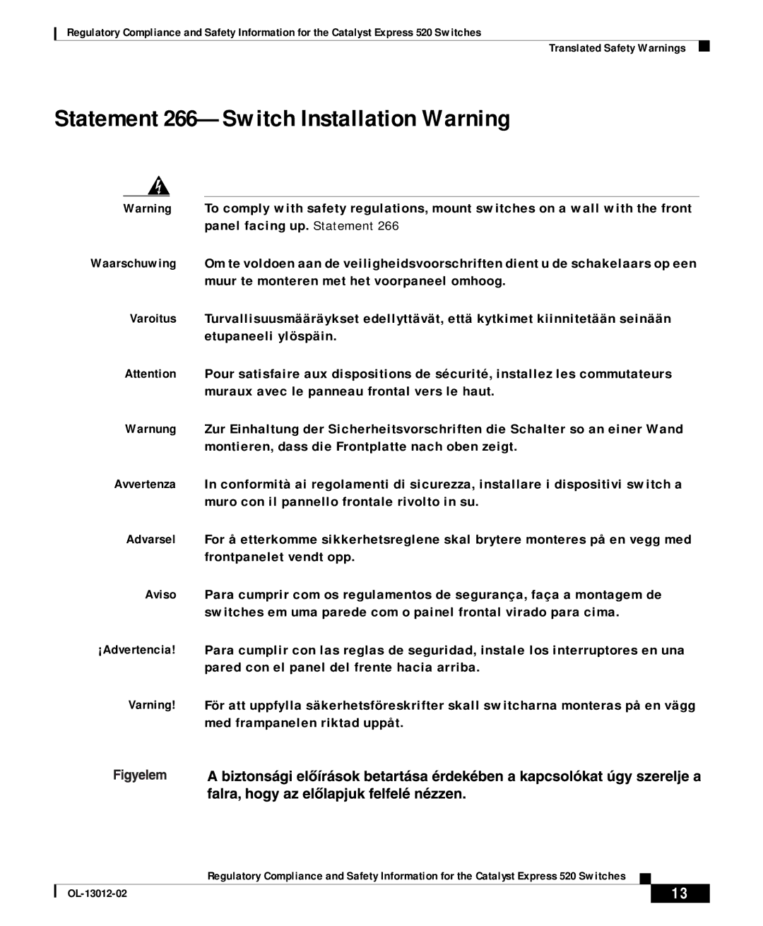 Cisco Systems 520 important safety instructions Statement 266-Switch Installation Warning 