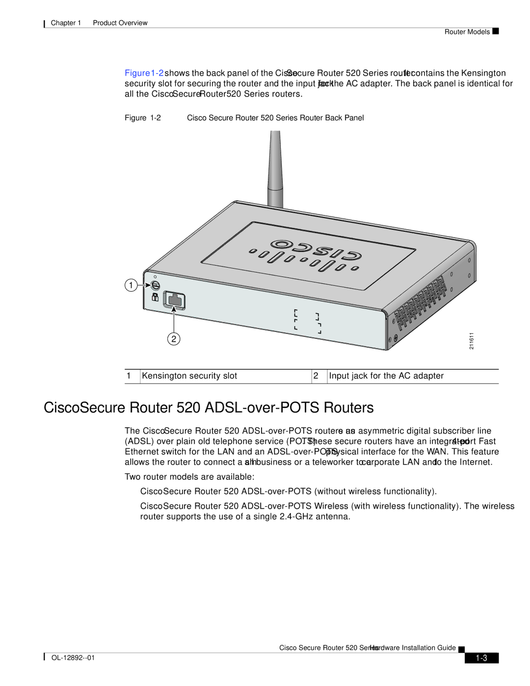 Cisco Systems manual Cisco Secure Router 520 ADSL-over-POTS Routers, Cisco Secure Router 520 Series Router-Back Panel 