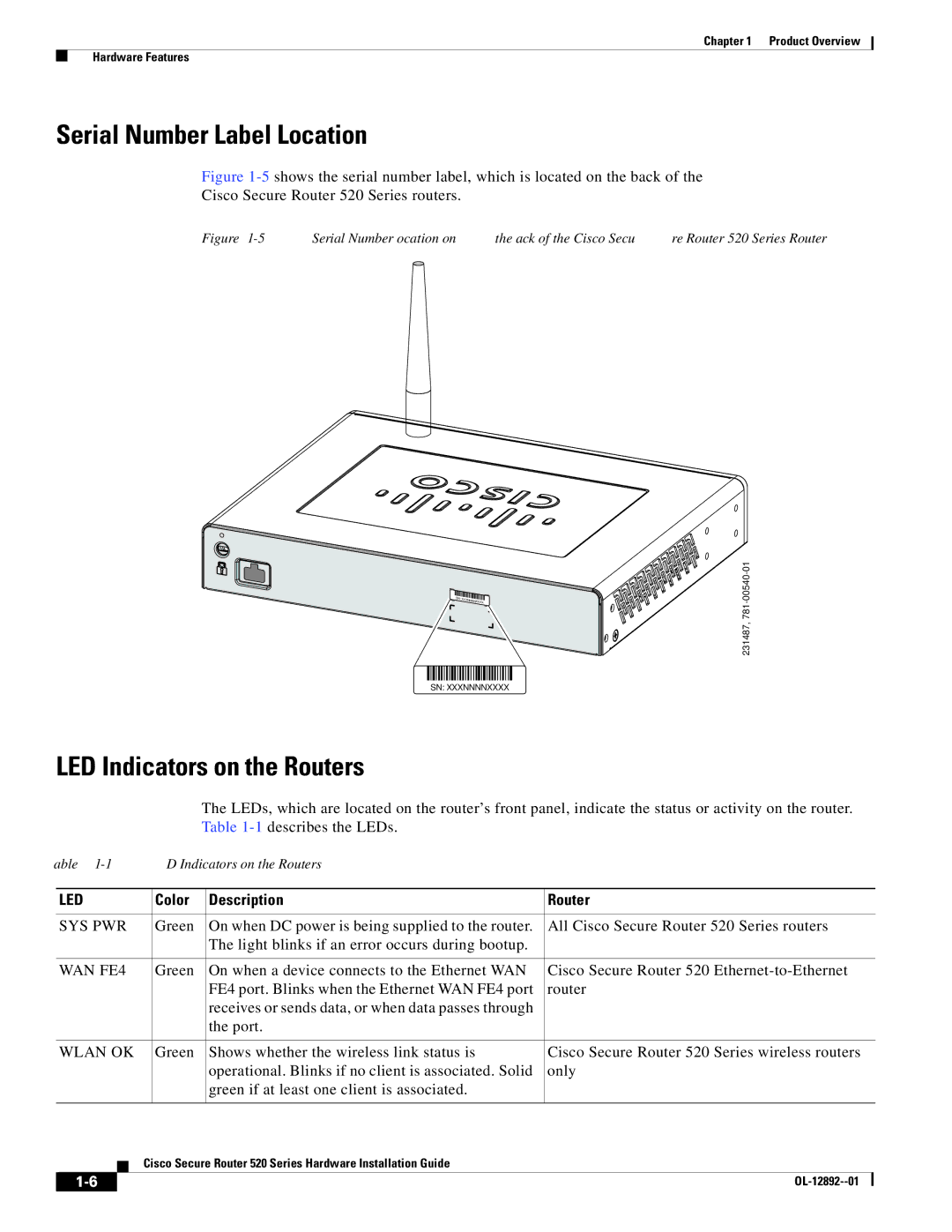 Cisco Systems 520 manual Serial Number Label Location, LED Indicators on the Routers, Color Description Router 