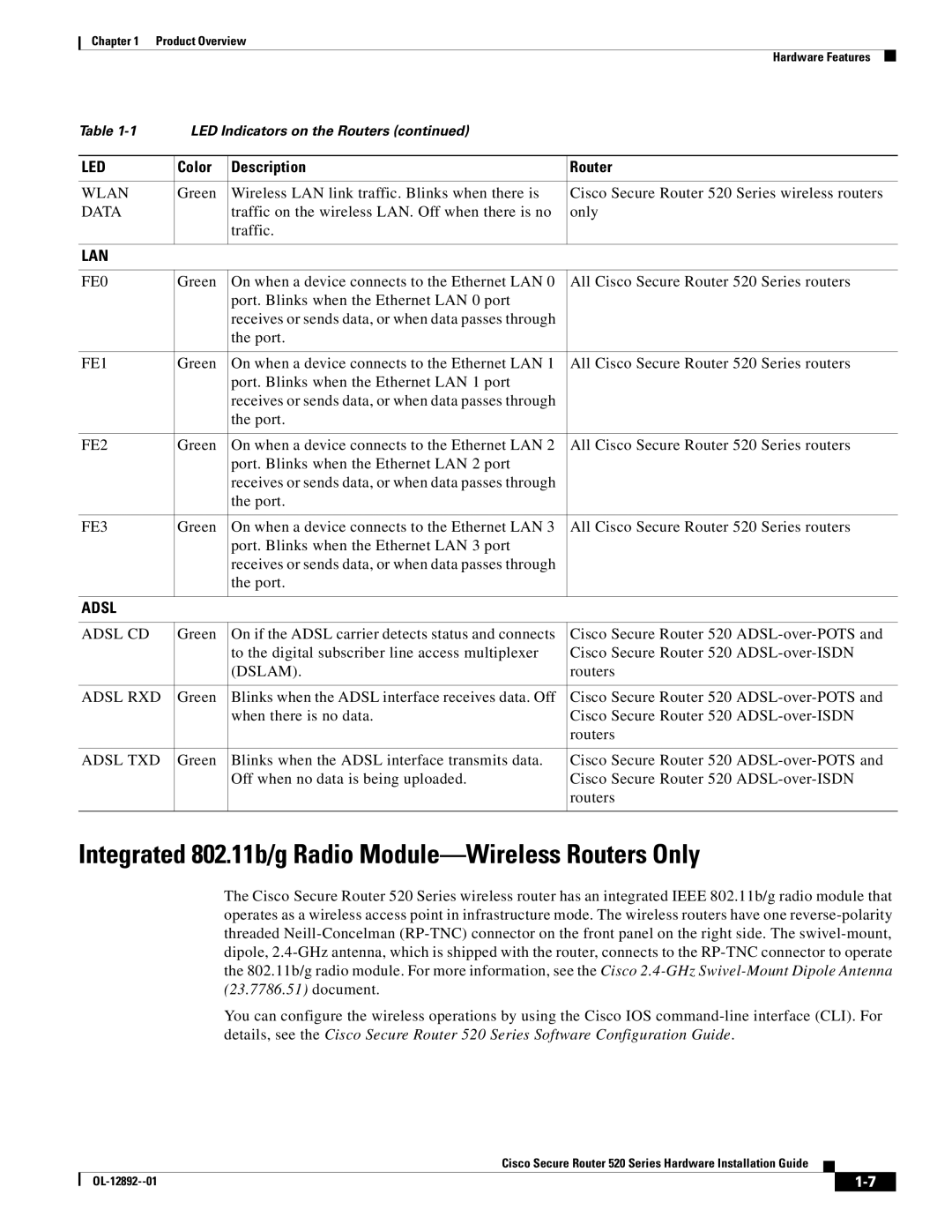 Cisco Systems 520 manual Integrated 802.11b/g Radio Module-Wireless Routers Only, Wlan 