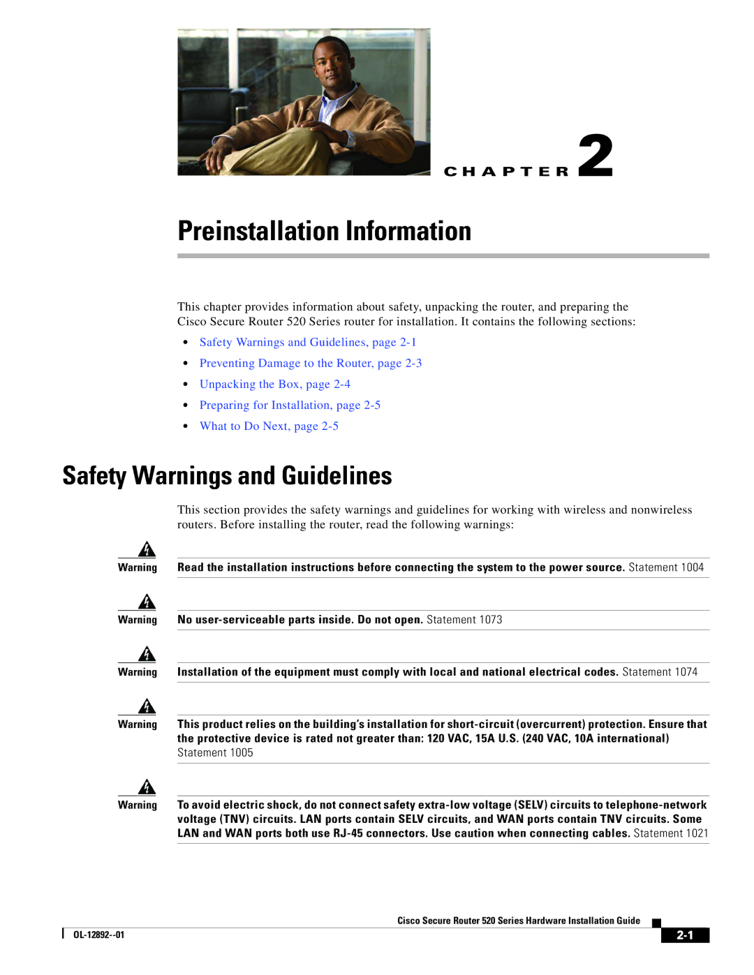 Cisco Systems 520 manual Preinstallation Information, Safety Warnings and Guidelines 