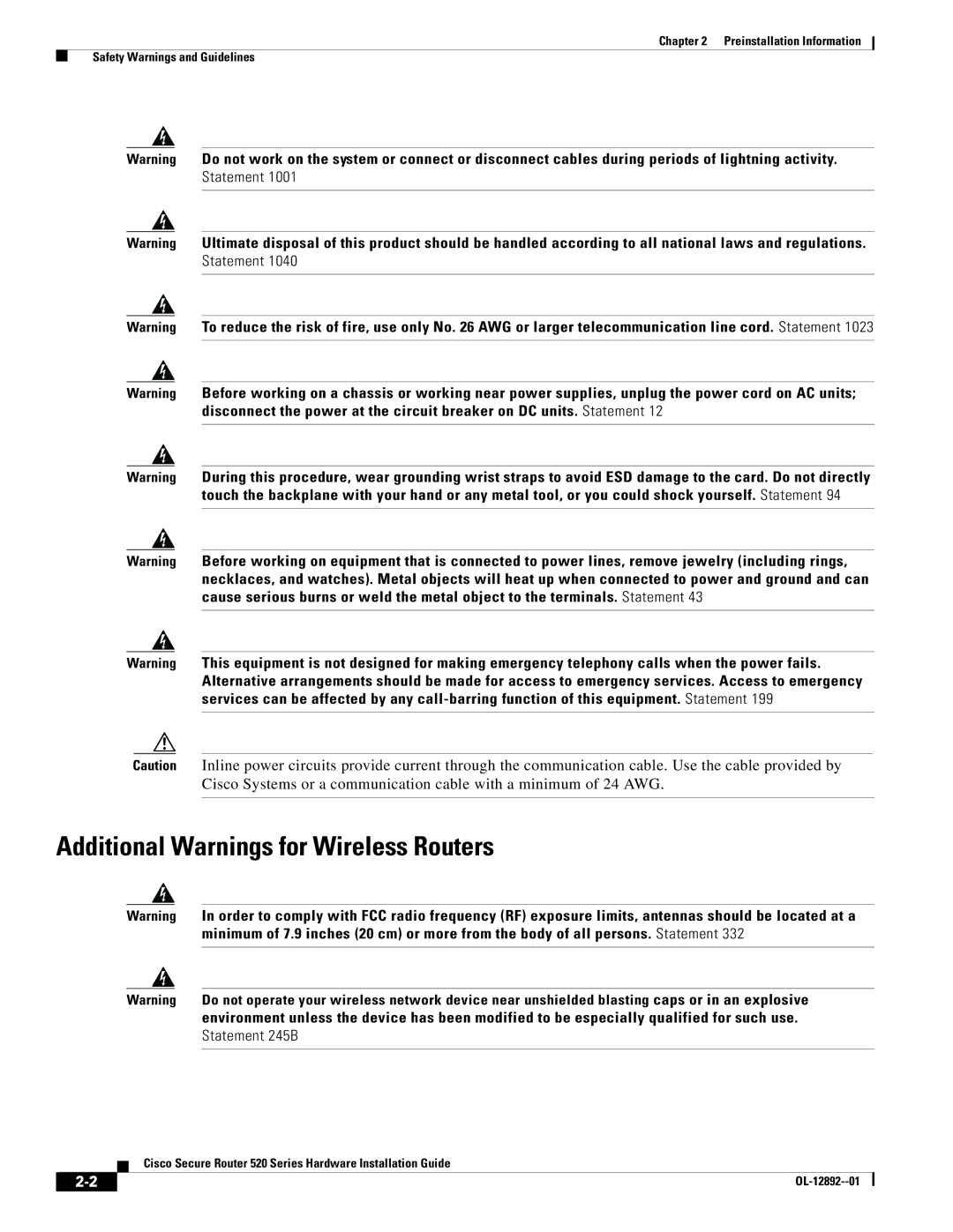 Cisco Systems 520 manual Additional Warnings for Wireless Routers, Statement 245B 