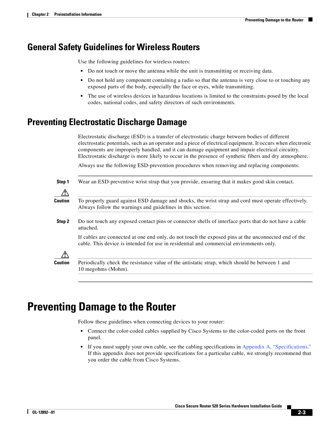 Cisco Systems 520 manual Preventing Damage to the Router, General Safety Guidelines for Wireless Routers 