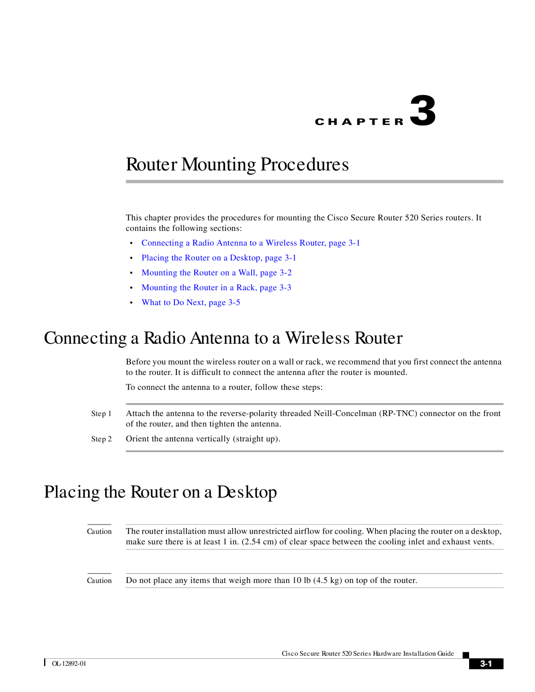 Cisco Systems 520 manual Connecting a Radio Antenna to a Wireless Router, Placing the Router on a Desktop 