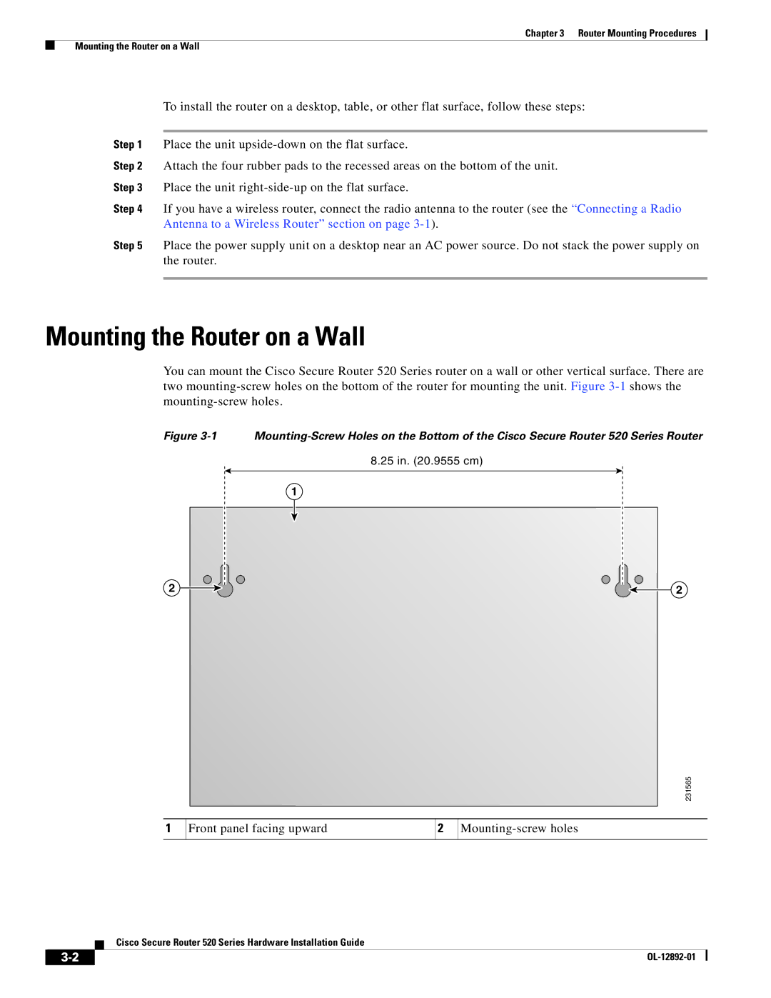 Cisco Systems 520 manual Mounting the Router on a Wall, Front panel facing upward Mounting-screw holes 