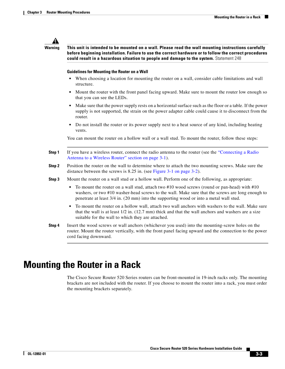 Cisco Systems 520 manual Mounting the Router in a Rack, Guidelines for Mounting the Router on a Wall 