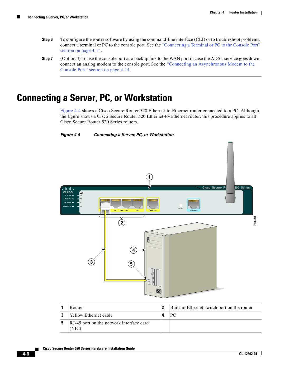 Cisco Systems 520 manual Connecting a Server, PC, or Workstation, Nic 