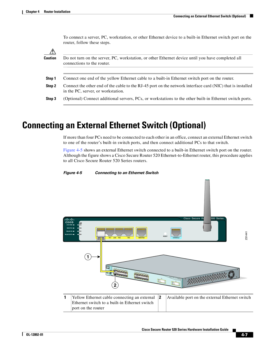 Cisco Systems 520 manual Connecting an External Ethernet Switch Optional, Connecting to an Ethernet Switch 