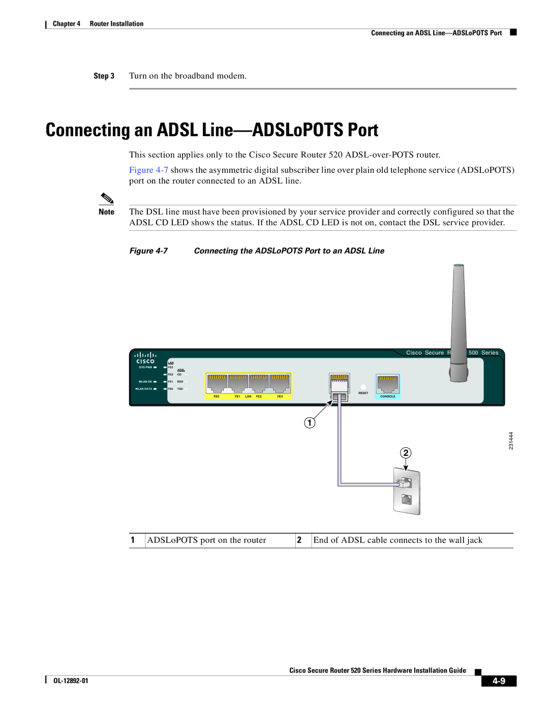 Cisco Systems 520 manual Connecting an Adsl Line-ADSLoPOTS Port, Connecting the ADSLoPOTS Port to an Adsl Line 