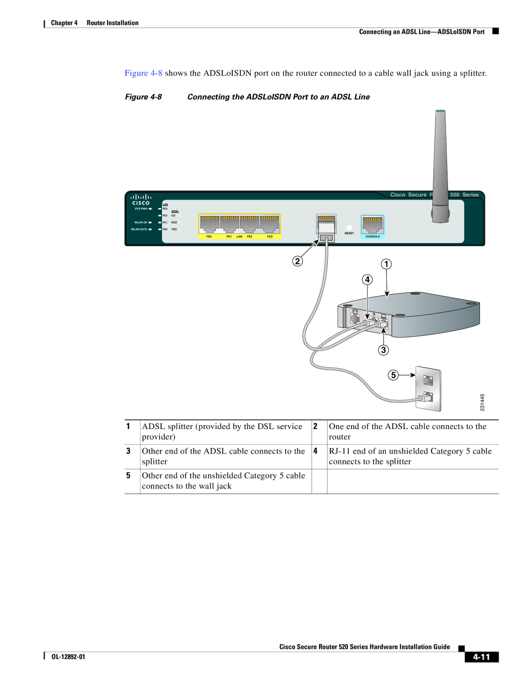 Cisco Systems 520 manual Connecting the ADSLoISDN Port to an Adsl Line 