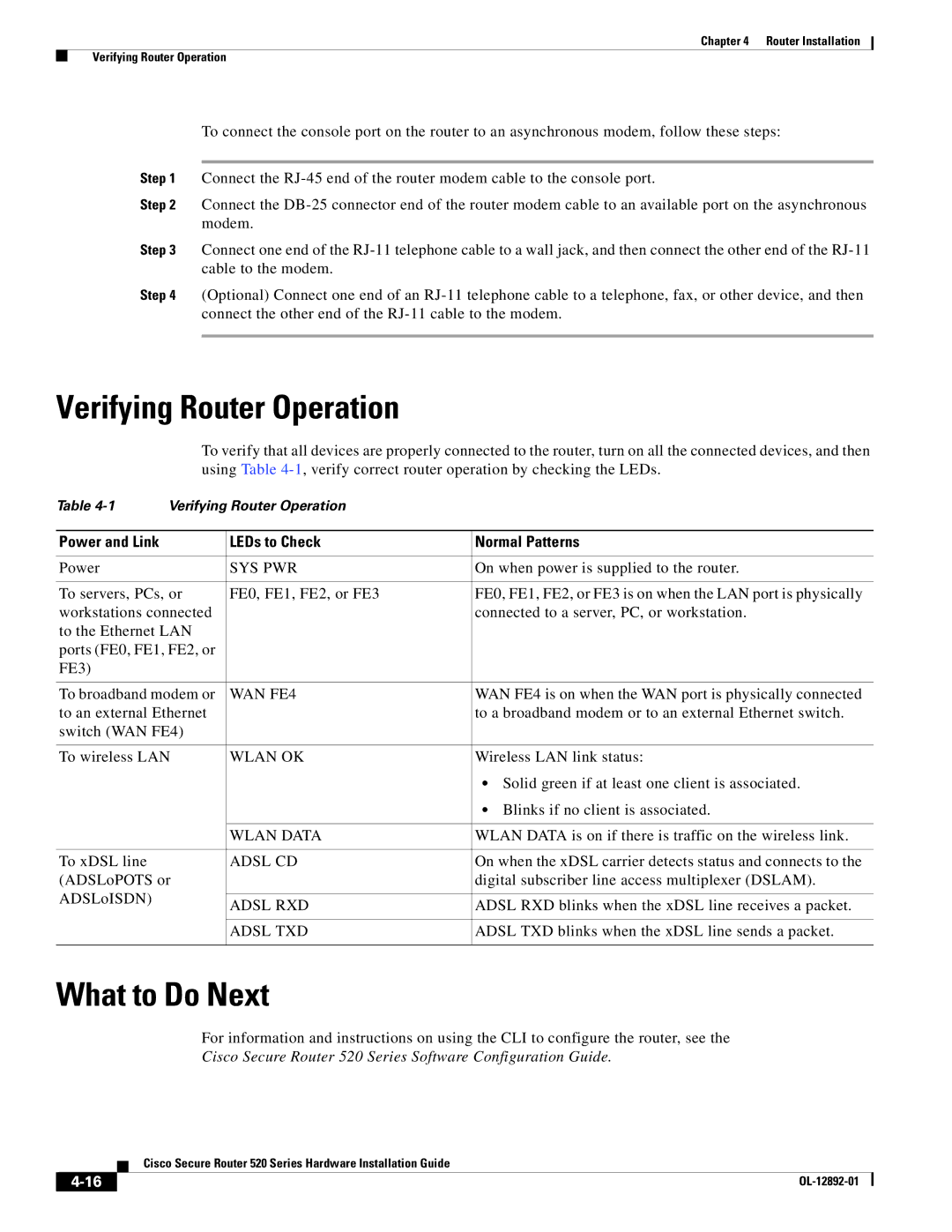 Cisco Systems 520 manual Verifying Router Operation, LEDs to Check Normal Patterns 