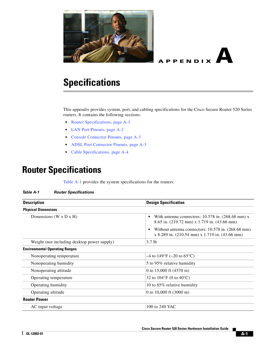 Cisco Systems 520 manual Router Specifications, Description Design Specification, Router Power 