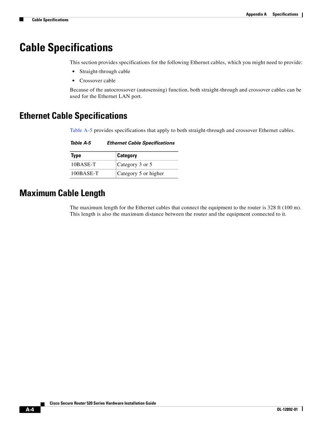 Cisco Systems 520 manual Ethernet Cable Specifications, Maximum Cable Length, Type Category 