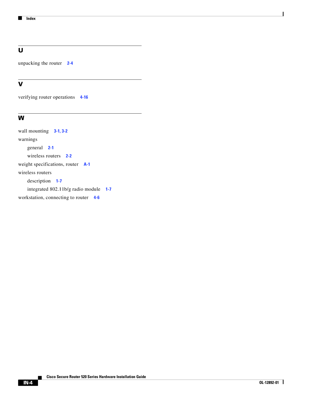 Cisco Systems 520 manual IN-4 