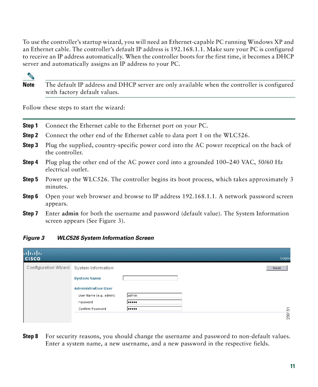 Cisco Systems quick start WLC526 System Information Screen 