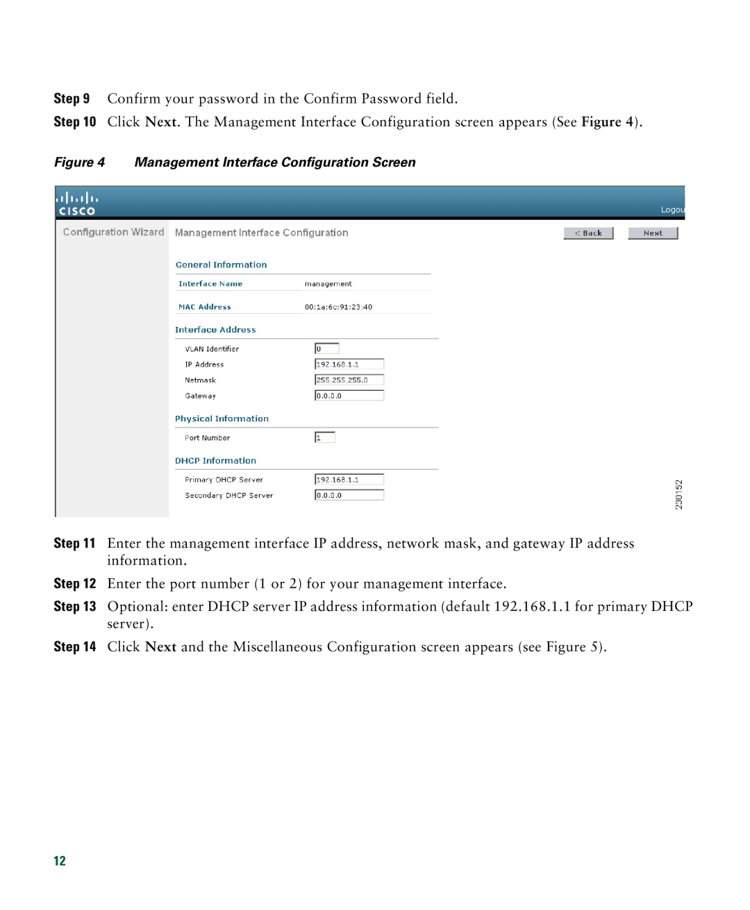 Cisco Systems 526 quick start Management Interface Configuration Screen 