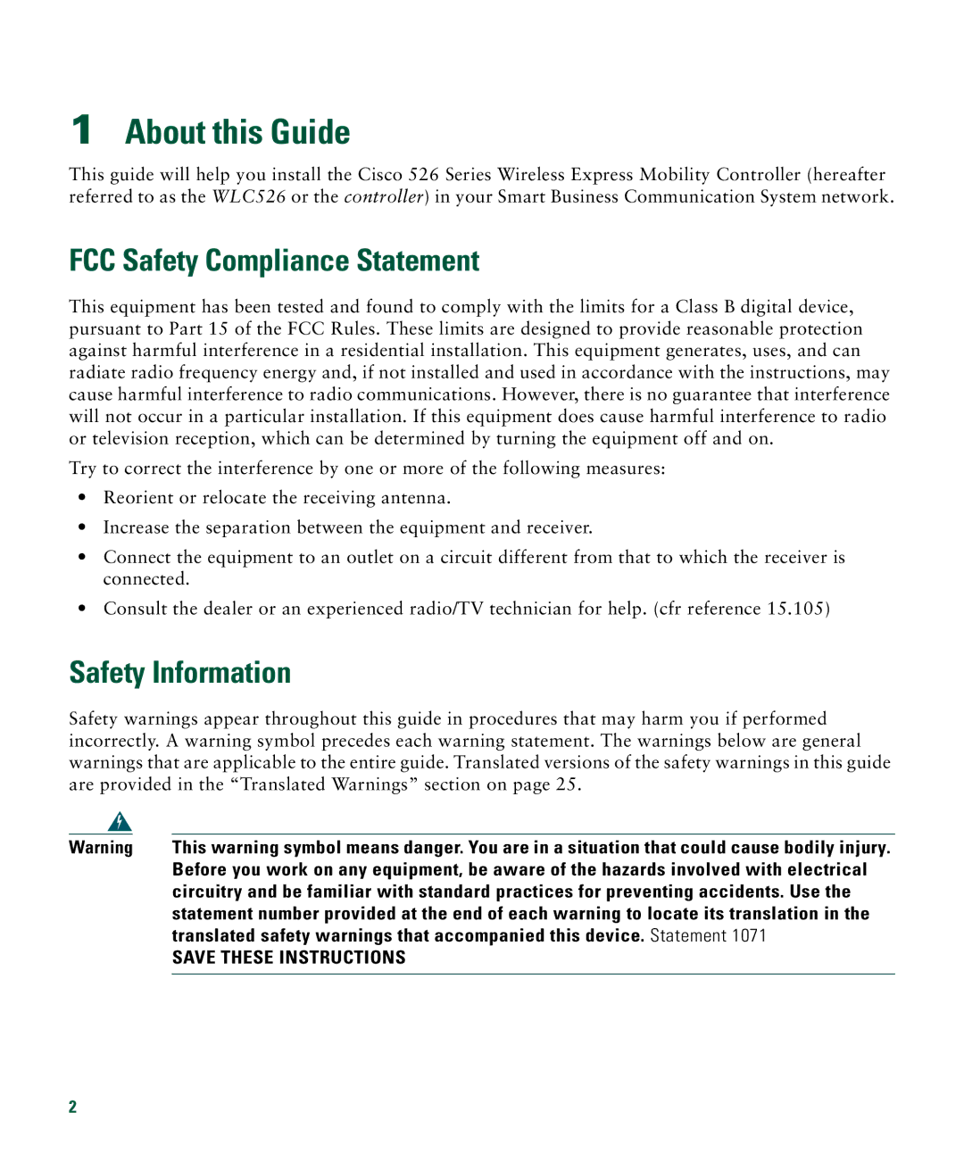 Cisco Systems 526 quick start About this Guide, FCC Safety Compliance Statement, Safety Information 