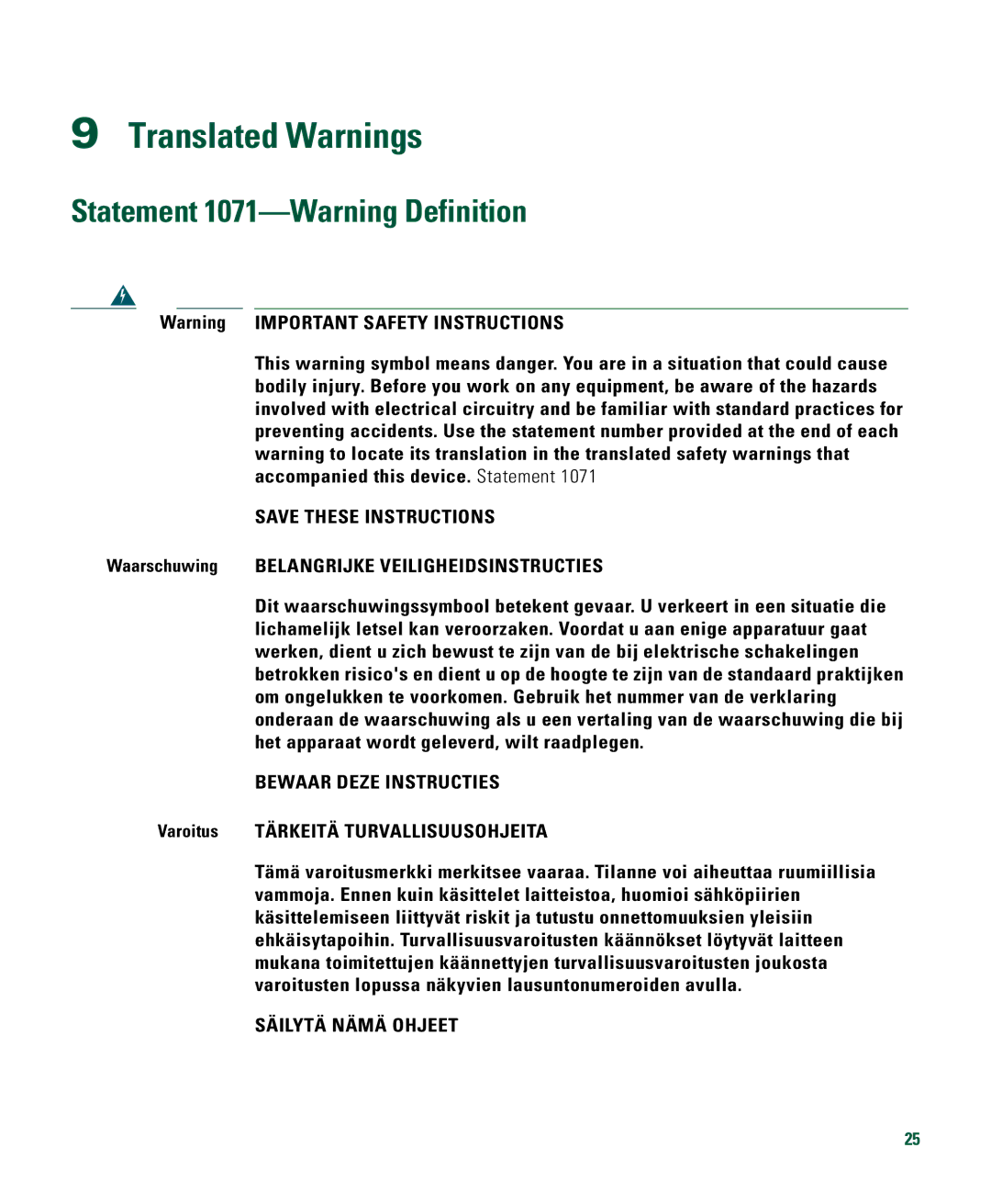 Cisco Systems 526 Translated Warnings, Statement 1071-Warning Definition, Waarschuwing Belangrijke Veiligheidsinstructies 