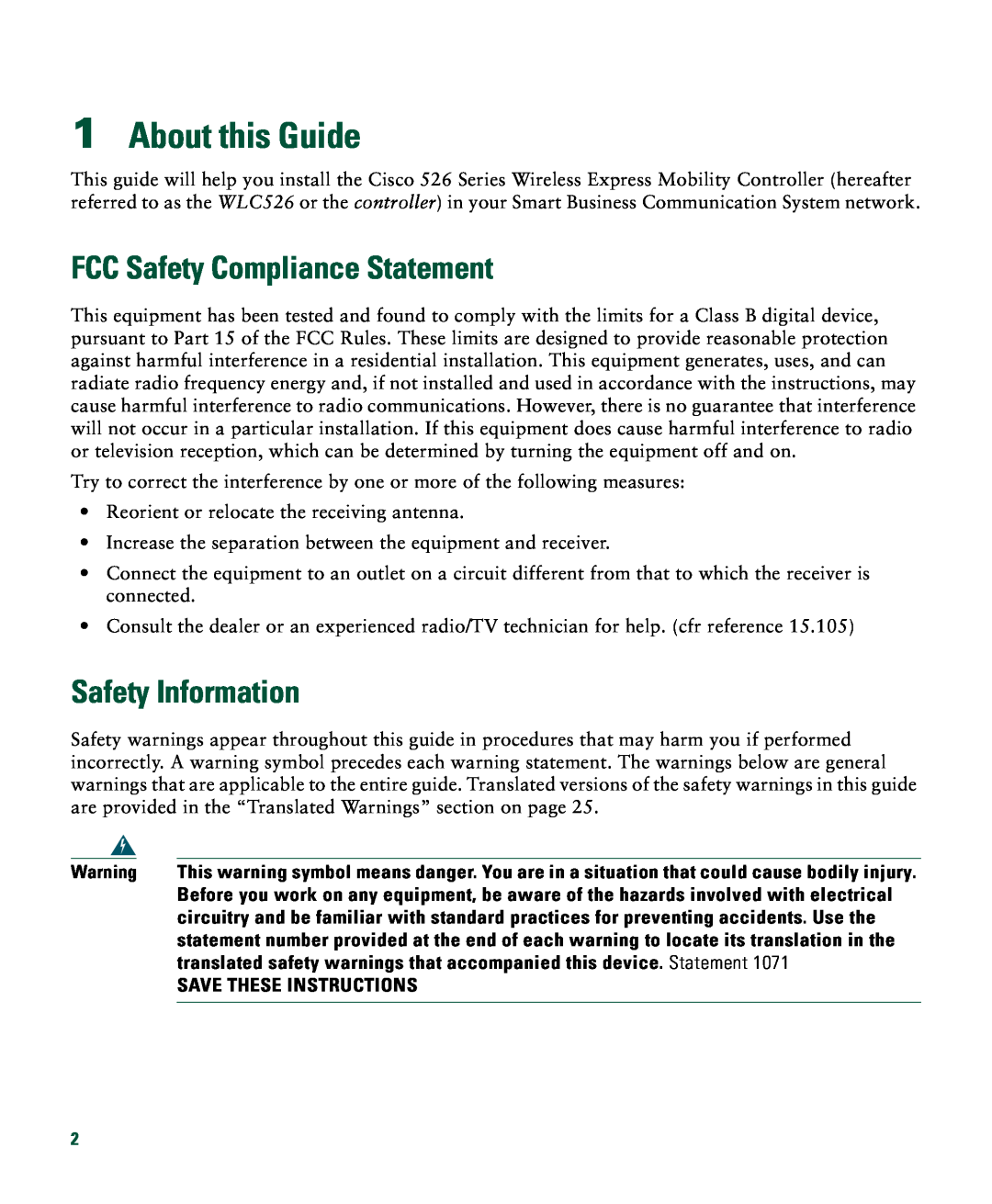 Cisco Systems 526 About this Guide, FCC Safety Compliance Statement, Safety Information, Save These Instructions 