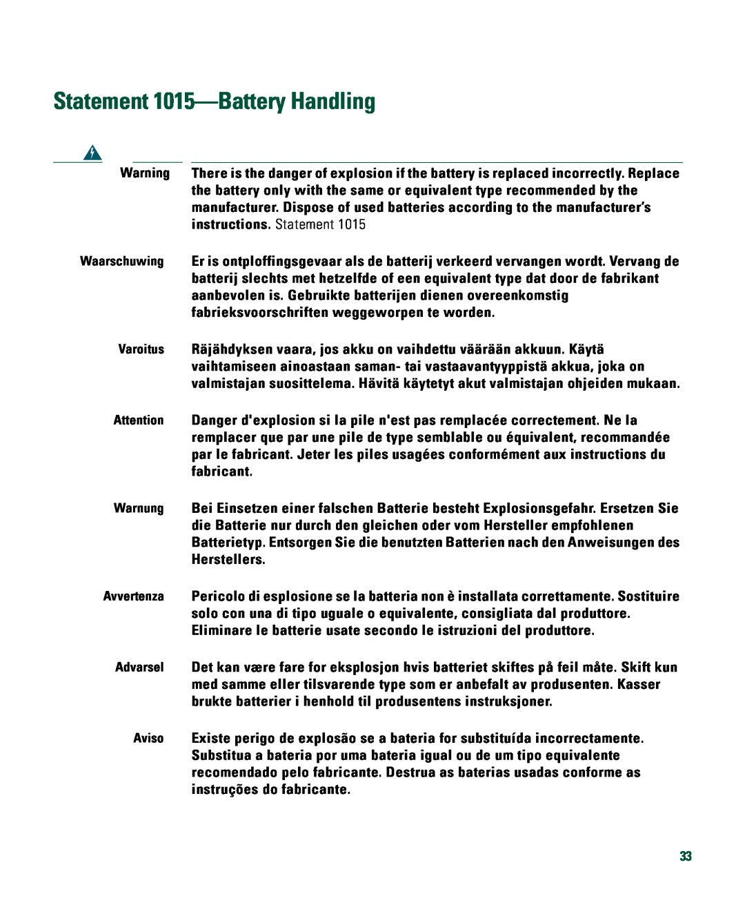 Cisco Systems 526 quick start Statement 1015-Battery Handling 
