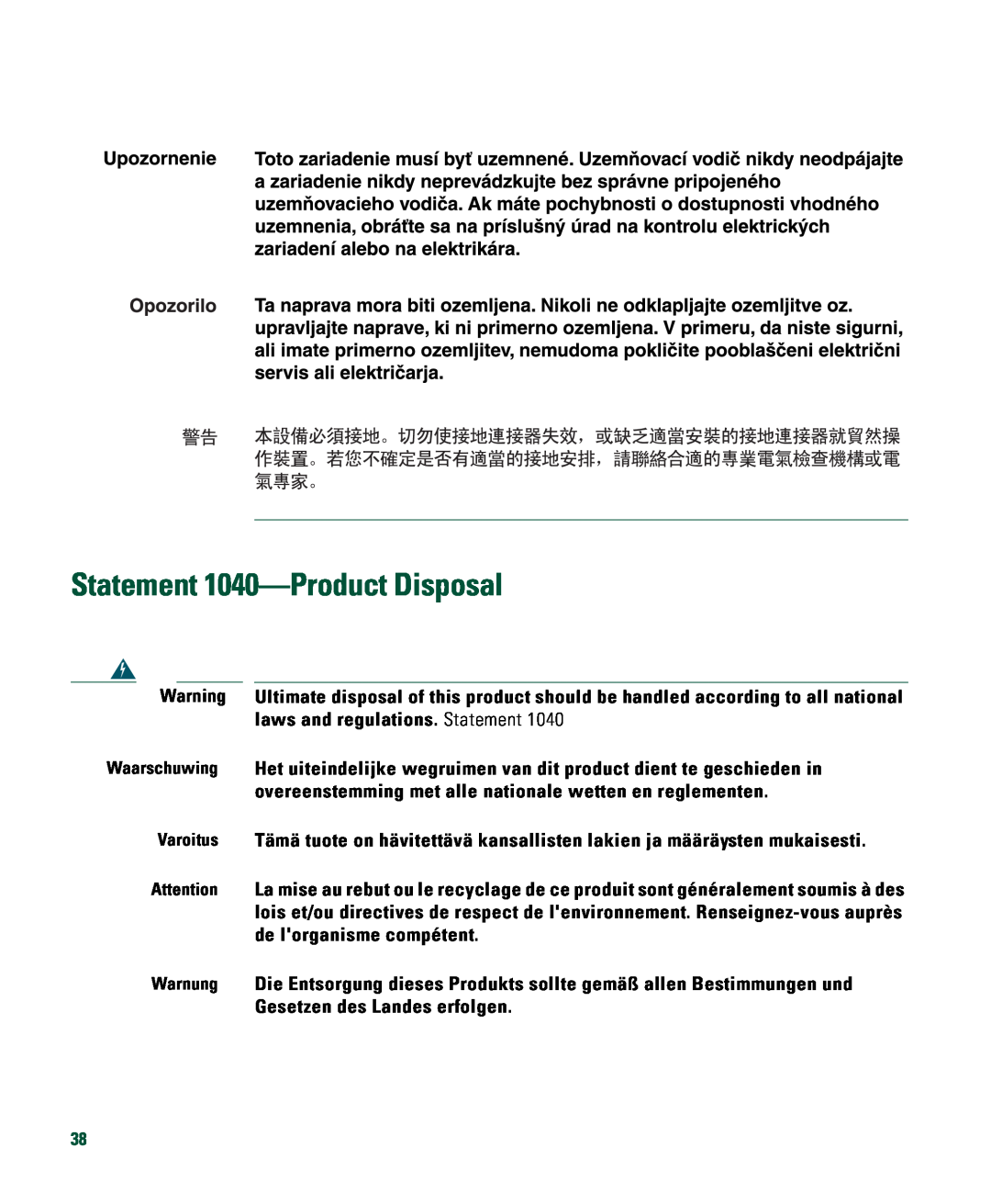 Cisco Systems 526 quick start Statement 1040-Product Disposal 