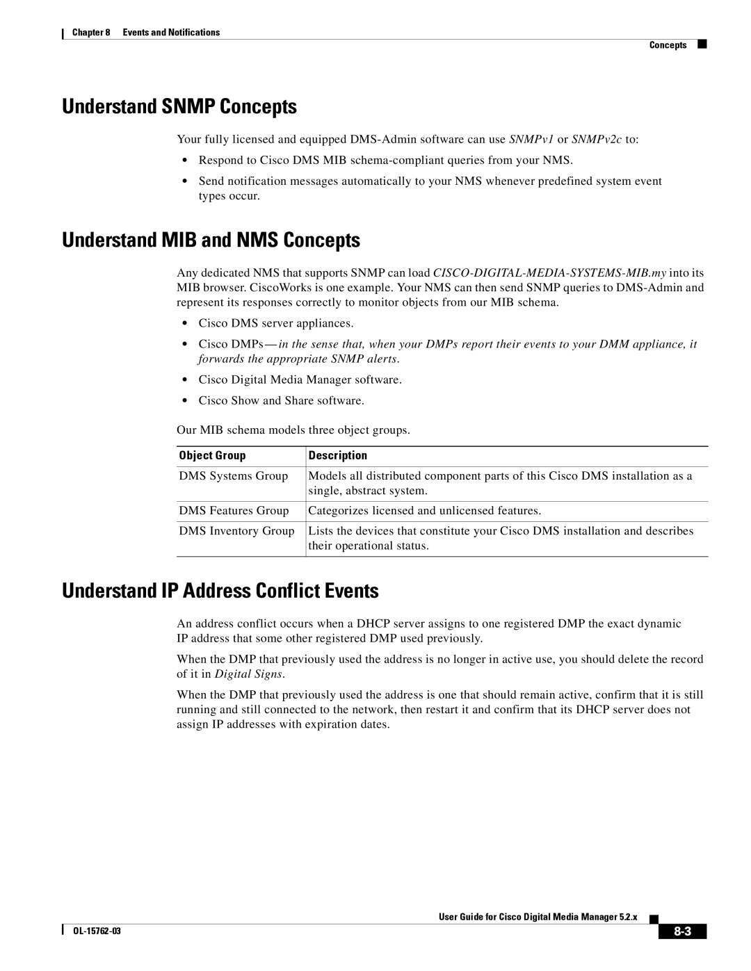 Cisco Systems 5.2.x manual Understand Snmp Concepts, Understand MIB and NMS Concepts, Understand IP Address Conflict Events 