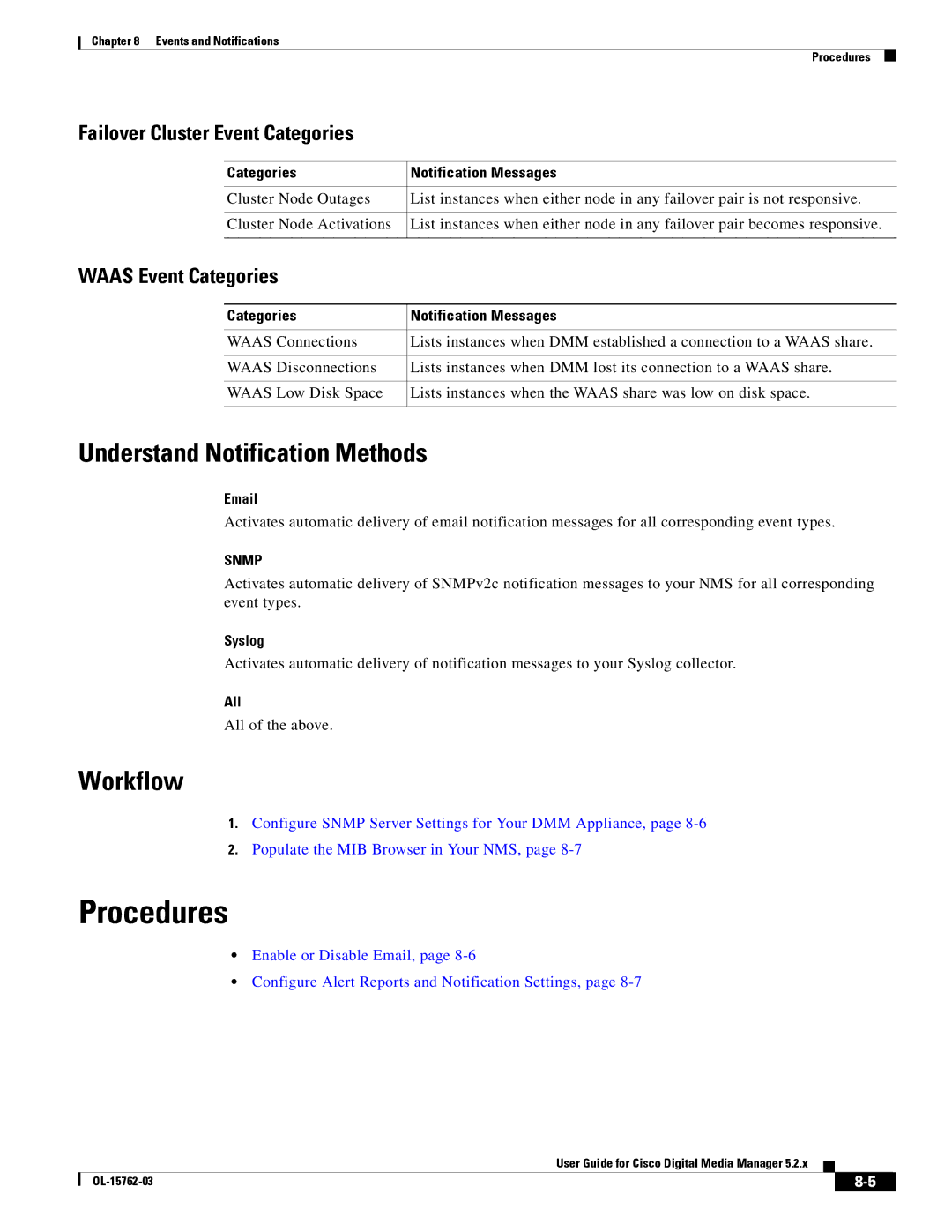 Cisco Systems 5.2.x Understand Notification Methods, Failover Cluster Event Categories, Waas Event Categories, Syslog, All 