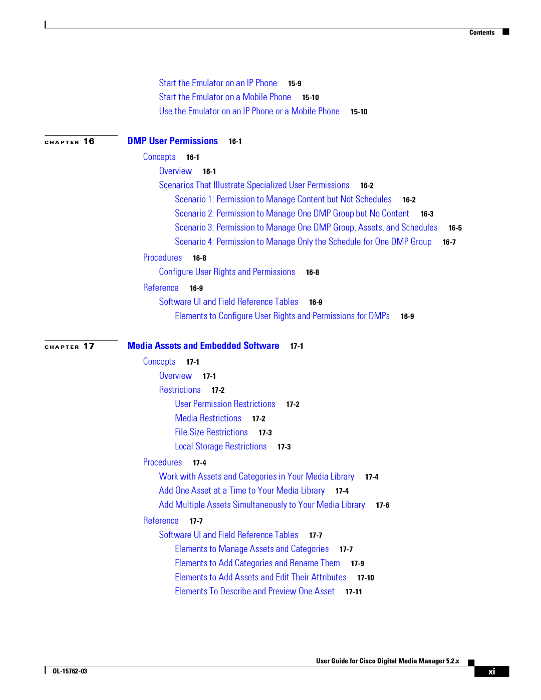 Cisco Systems 5.2.x manual 15-9, 15-10, 16-2, 16-5, 16-8, 16-9, 17-2, 17-3, 17-4, 17-6, 17-7, 17-10, 17-11 