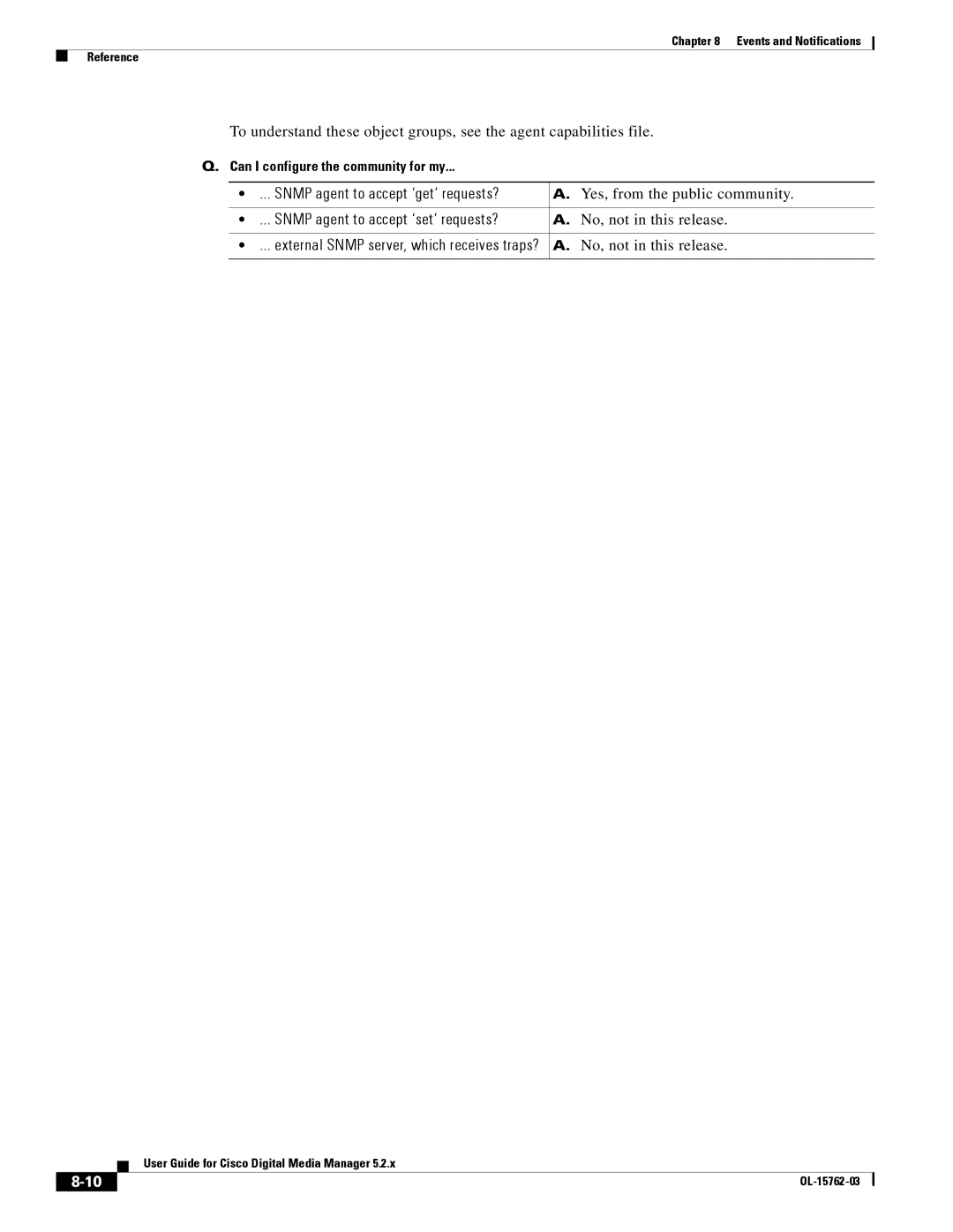 Cisco Systems 5.2.x manual Snmp agent to accept ‘get’ requests?, Yes, from the public community, No, not in this release 