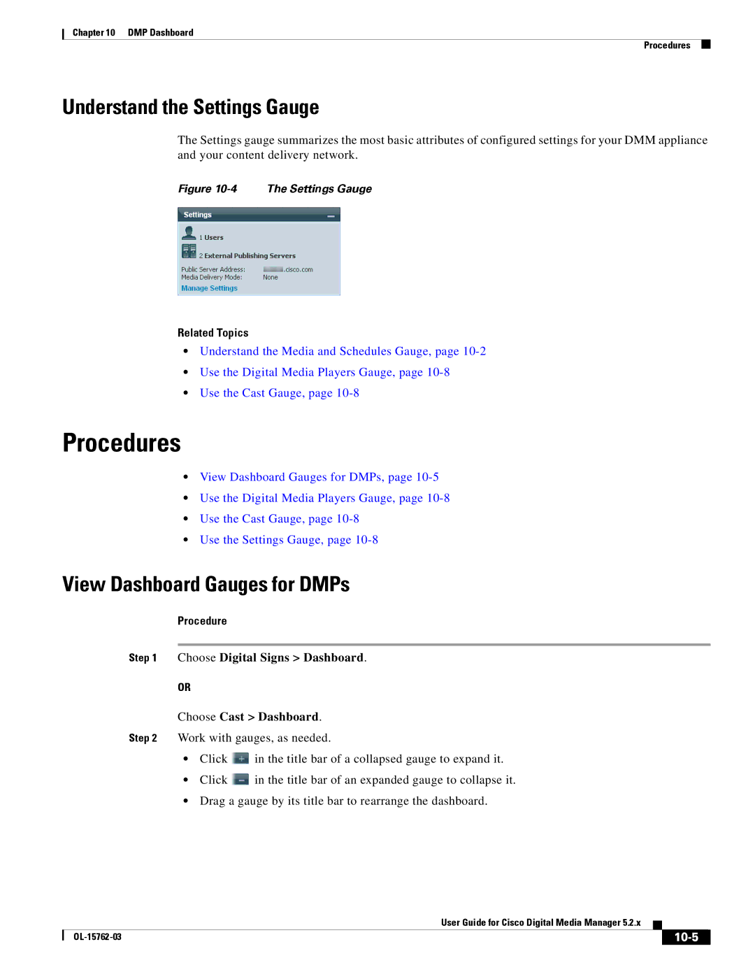 Cisco Systems 5.2.x manual Understand the Settings Gauge, View Dashboard Gauges for DMPs, 10-5 