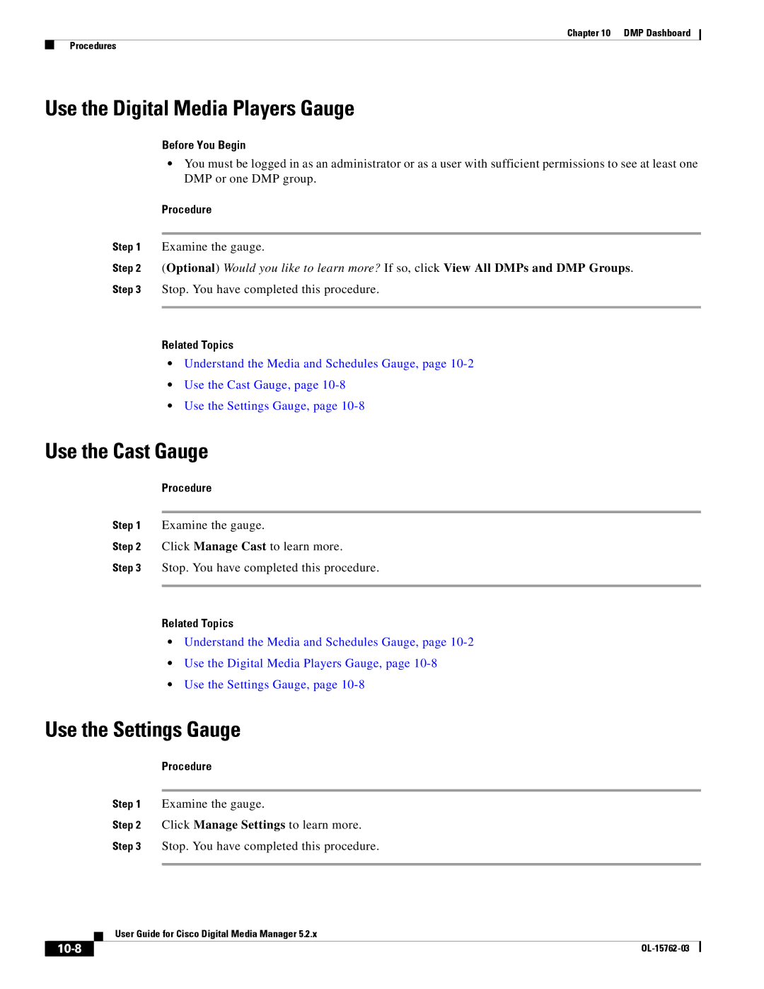 Cisco Systems 5.2.x Use the Digital Media Players Gauge, Use the Cast Gauge, Use the Settings Gauge, Examine the gauge 