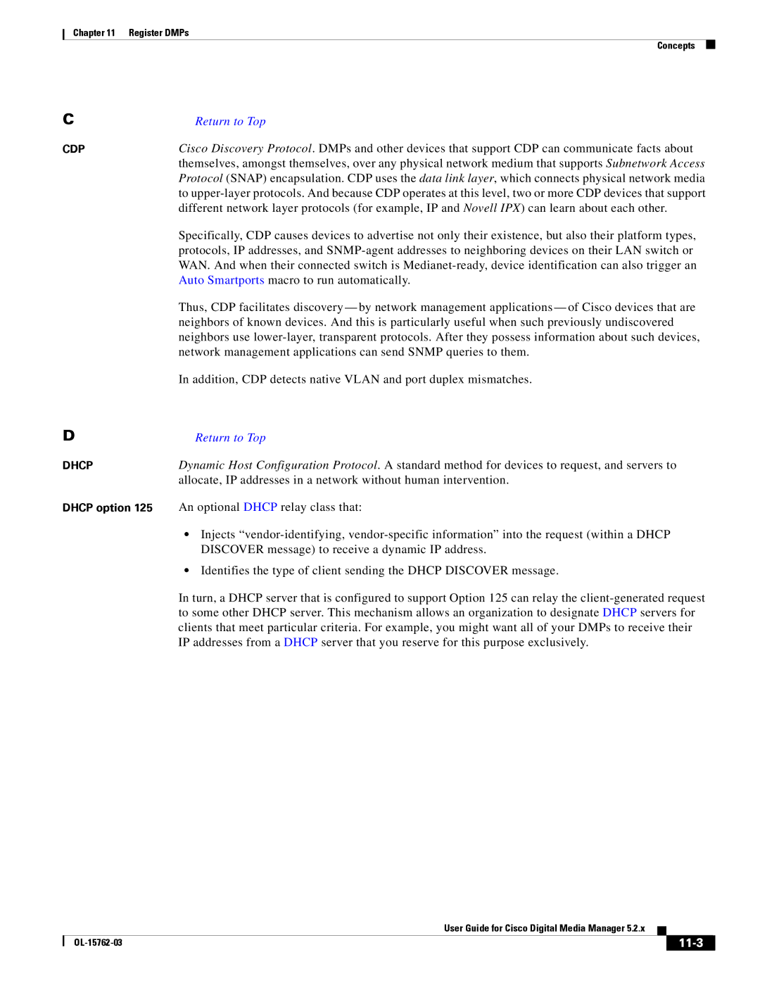 Cisco Systems 5.2.x manual Auto Smartports macro to run automatically, An optional Dhcp relay class that, 11-3 