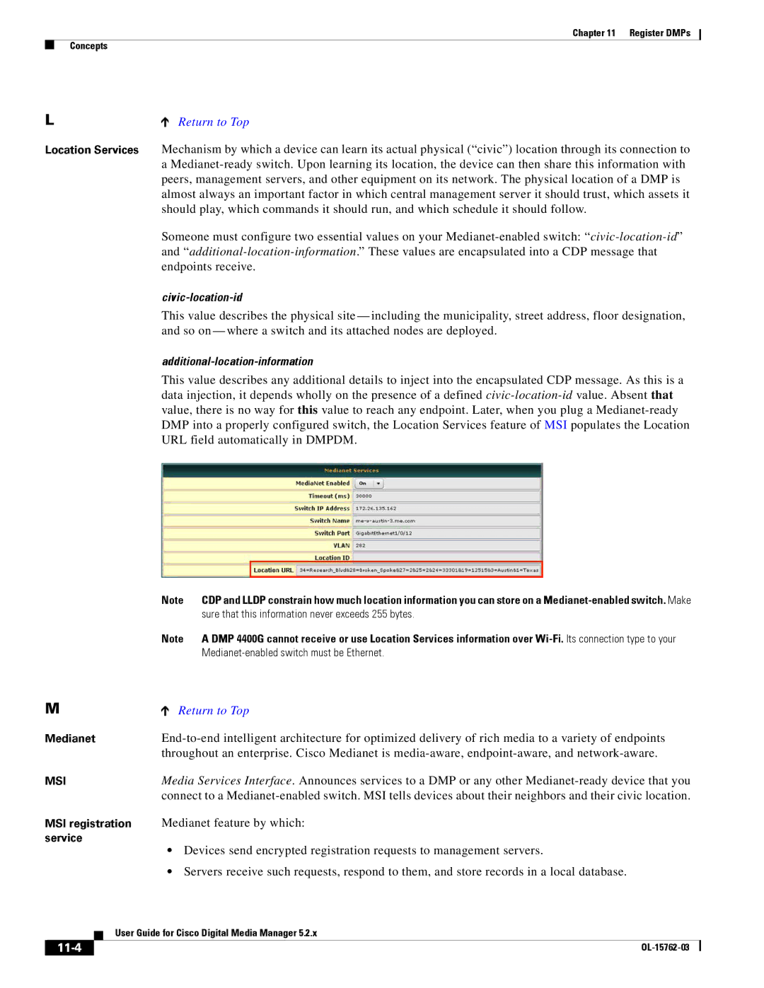 Cisco Systems 5.2.x manual 11-4, Location Services, Sure that this information never exceeds 255 bytes, Medianet 