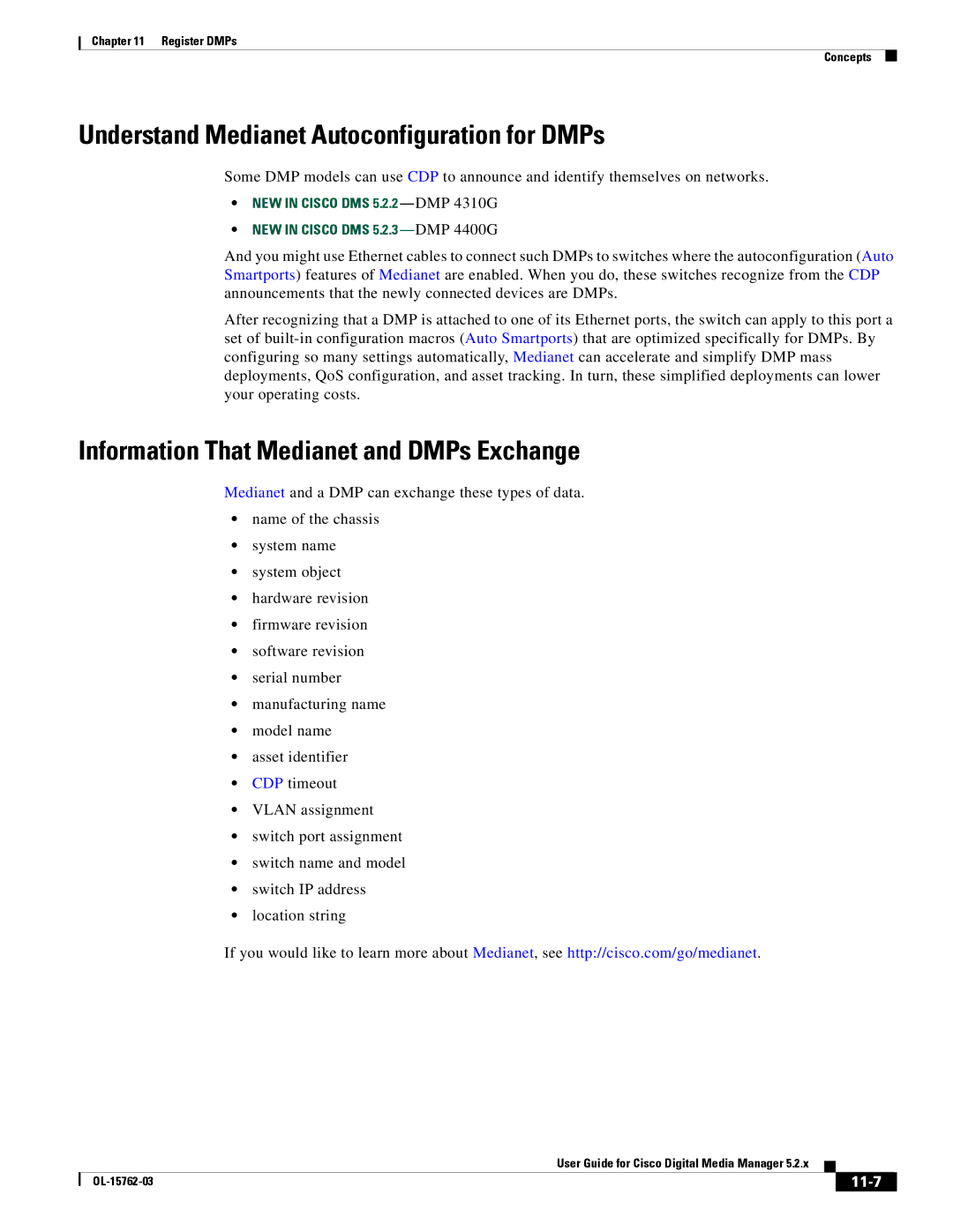 Cisco Systems 5.2.x Understand Medianet Autoconfiguration for DMPs, Information That Medianet and DMPs Exchange, 11-7 