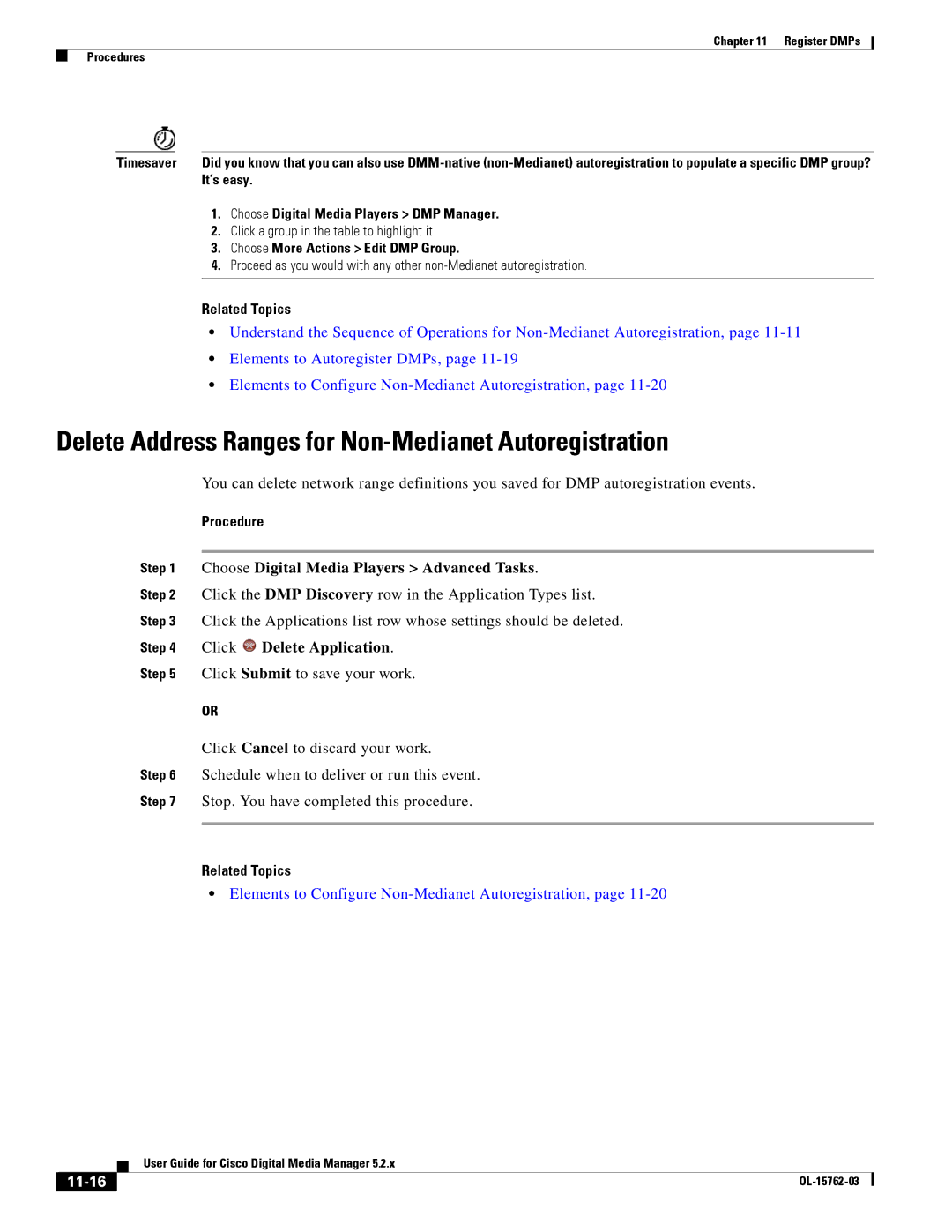 Cisco Systems 5.2.x manual Delete Address Ranges for Non-Medianet Autoregistration, Click, Delete Application, 11-16 