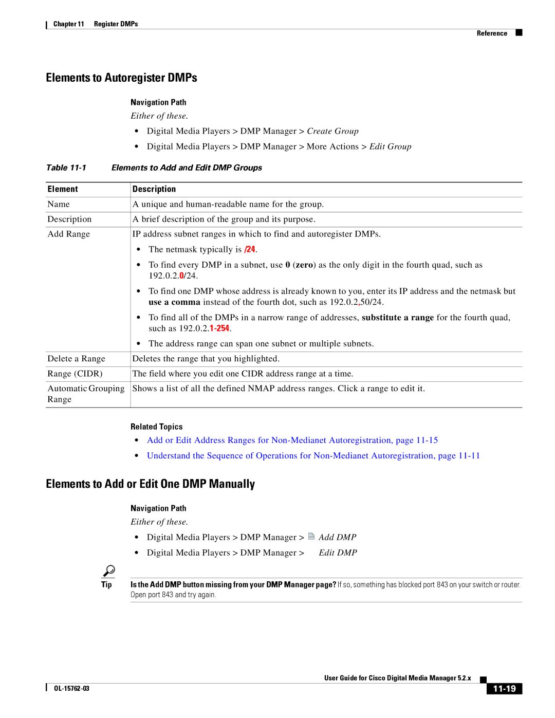 Cisco Systems 5.2.x manual Elements to Autoregister DMPs, Elements to Add or Edit One DMP Manually, 11-19 