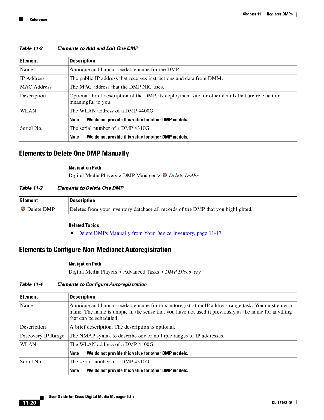 Cisco Systems 5.2.x manual Elements to Delete One DMP Manually, Elements to Configure Non-Medianet Autoregistration, 11-20 