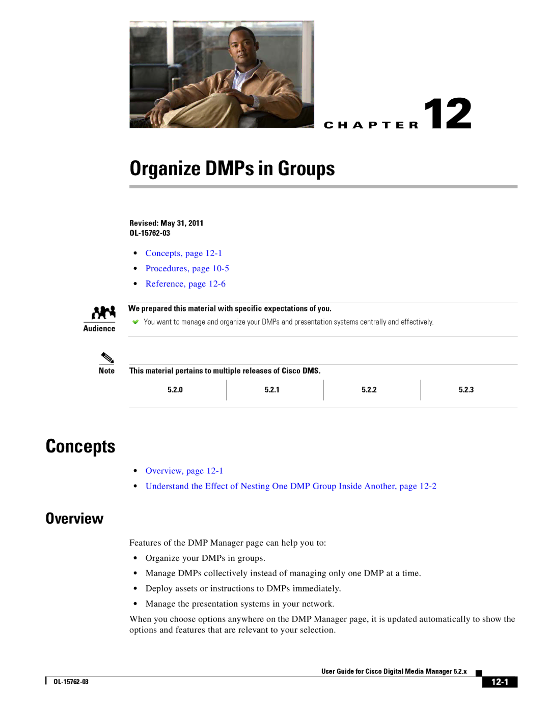 Cisco Systems 5.2.x manual Organize DMPs in Groups, 12-1 