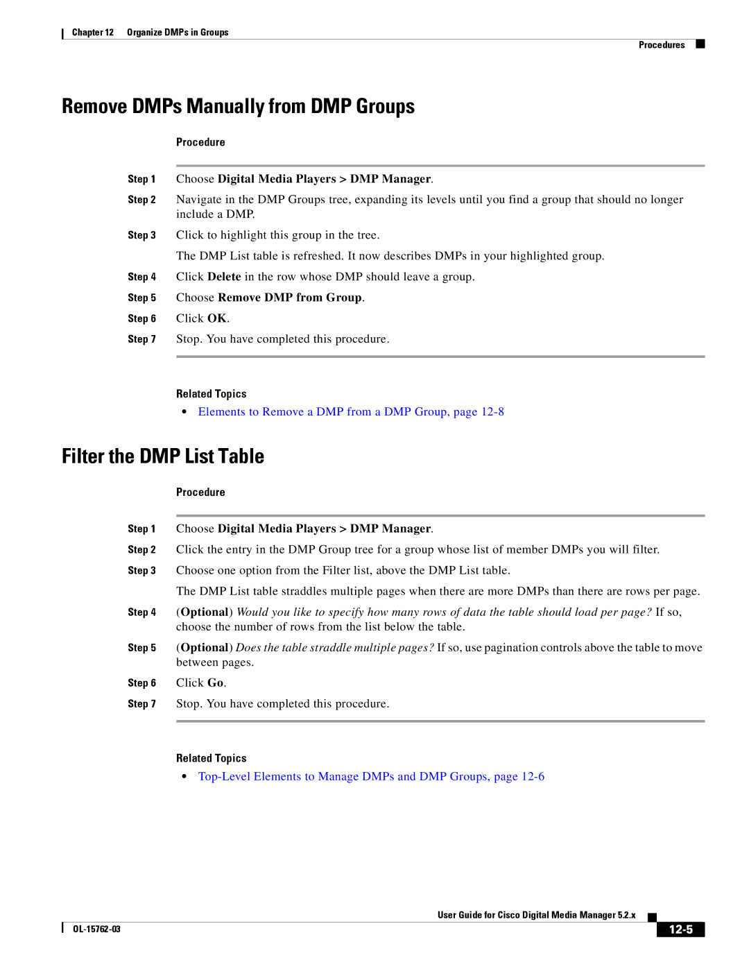 Cisco Systems 5.2.x Remove DMPs Manually from DMP Groups, Filter the DMP List Table, Choose Remove DMP from Group, 12-5 