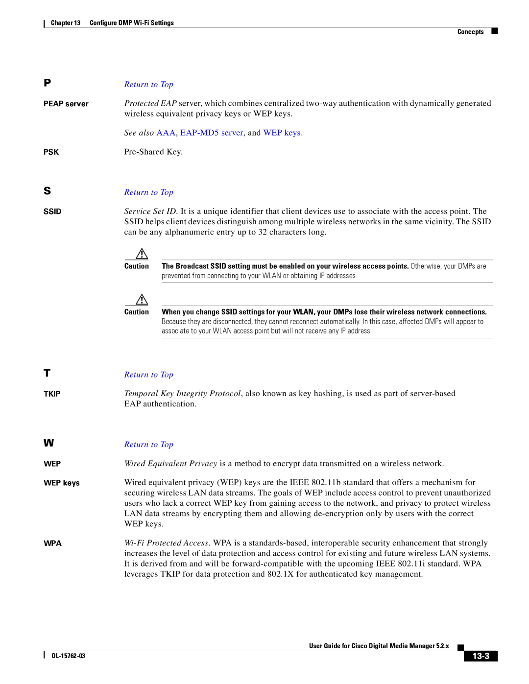 Cisco Systems 5.2.x manual Pre-Shared Key, EAP authentication, WEP keys, 13-3, Peap server 