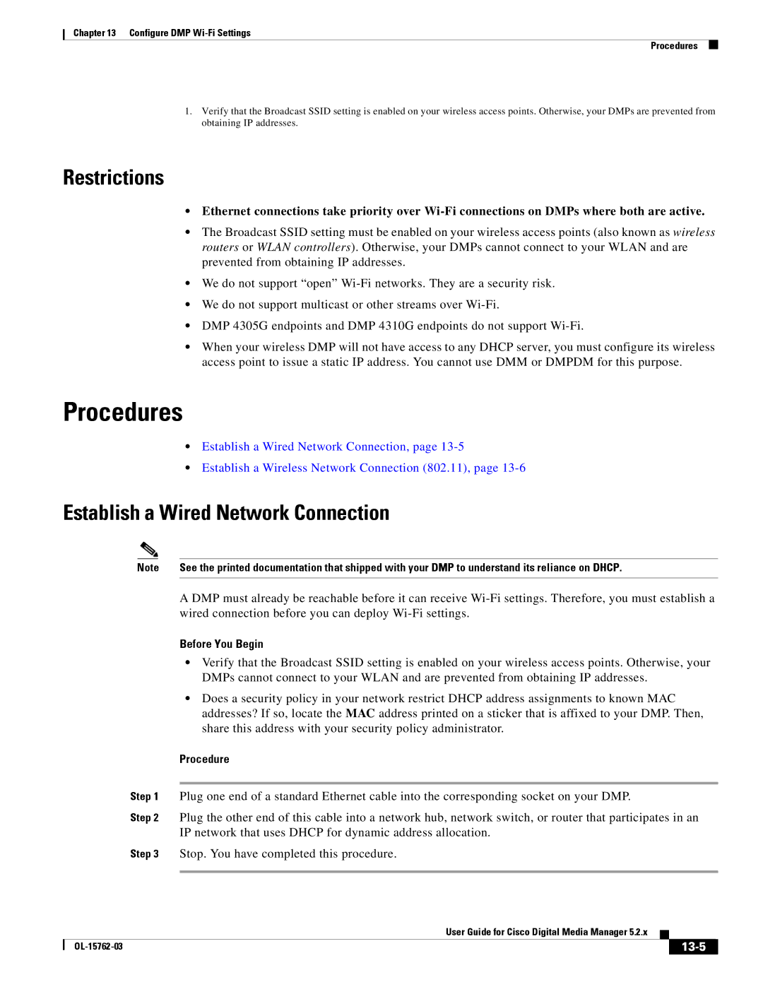 Cisco Systems 5.2.x Establish a Wired Network Connection, Wired connection before you can deploy Wi-Fi settings, 13-5 