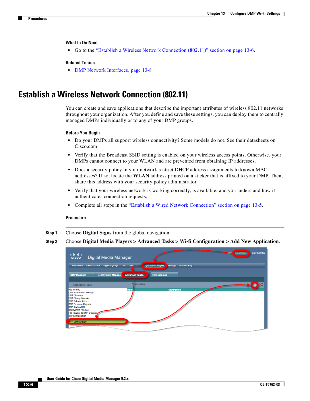 Cisco Systems 5.2.x manual Establish a Wireless Network Connection, Choose Digital Signs from the global navigation, 13-6 