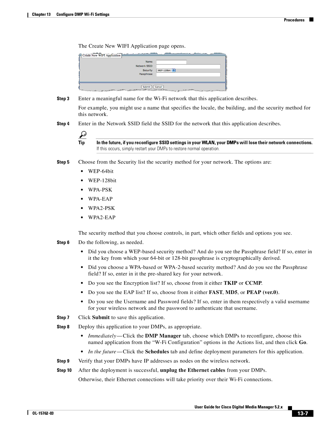 Cisco Systems 5.2.x manual Create New Wifi Application page opens, This network, 13-7 