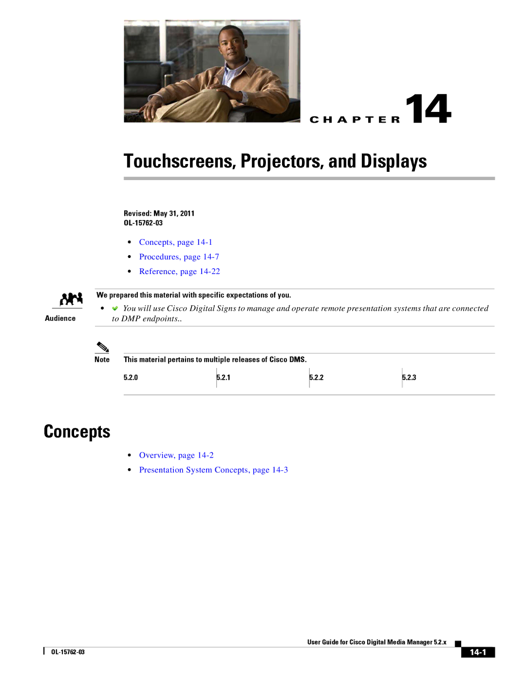 Cisco Systems 5.2.x manual Touchscreens, Projectors, and Displays, 14-1 