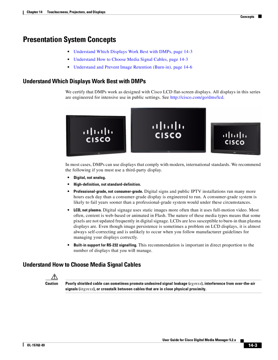 Cisco Systems 5.2.x manual Presentation System Concepts, Understand Which Displays Work Best with DMPs, 14-3 