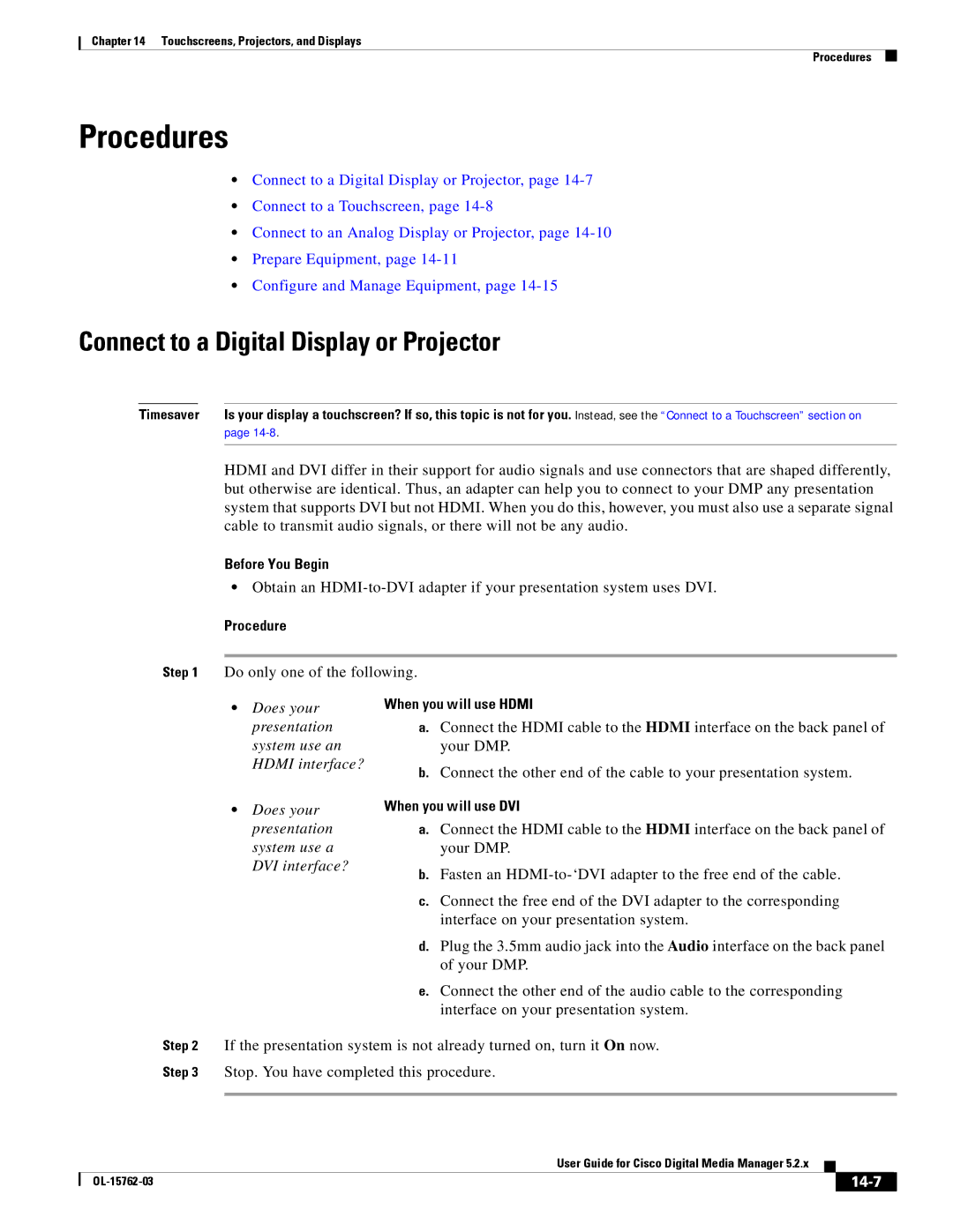 Cisco Systems 5.2.x Connect to a Digital Display or Projector, Does your presentation system use an Hdmi interface?, 14-7 