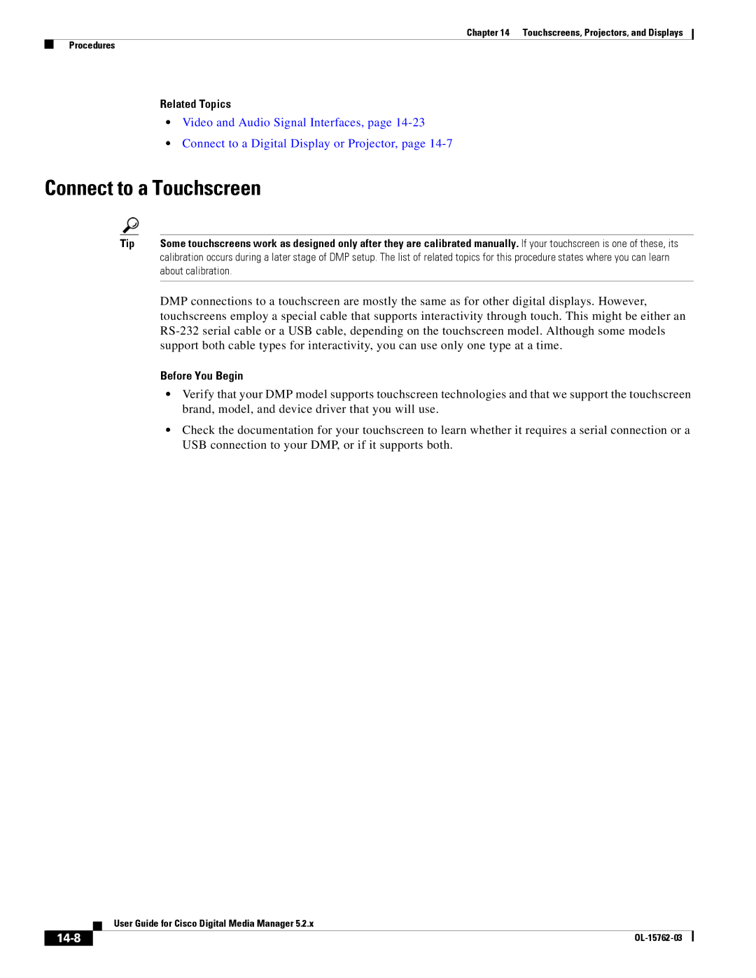 Cisco Systems 5.2.x manual Connect to a Touchscreen, 14-8 