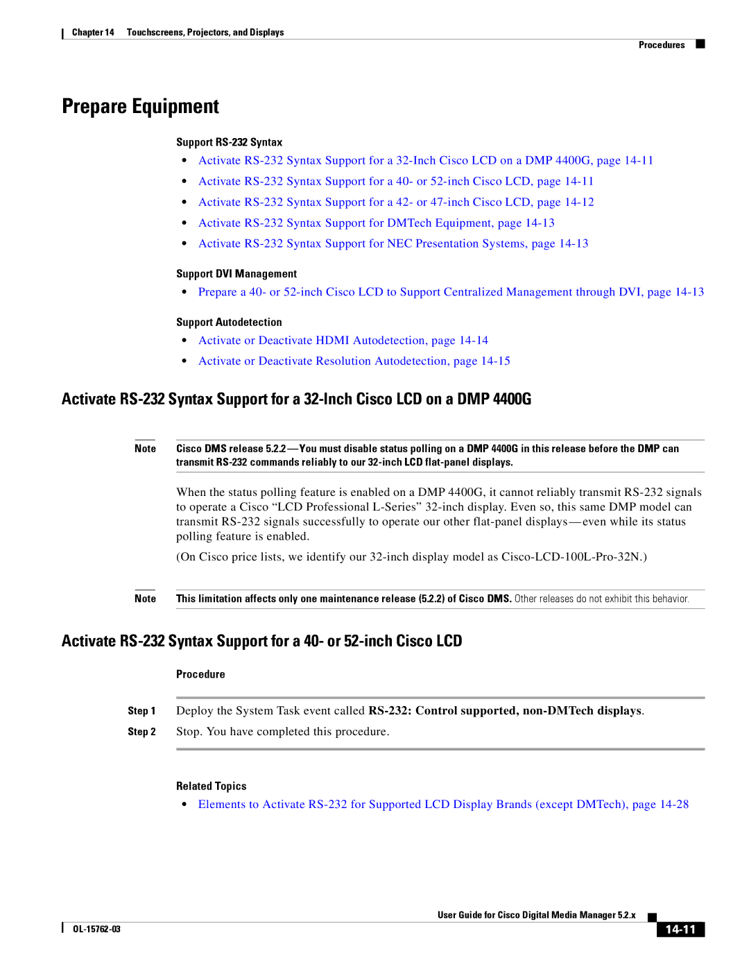 Cisco Systems 5.2.x manual Prepare Equipment, Support RS-232 Syntax, Support DVI Management, Support Autodetection, 14-11 