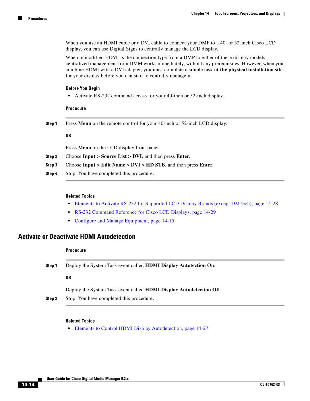 Cisco Systems 5.2.x manual Activate or Deactivate Hdmi Autodetection, 14-14 